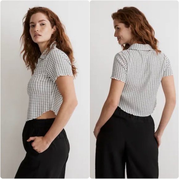 Madewell Top Crinkle Polo Crop Tee Textural Collared Lighthouse Sz S - Picture 2 of 12